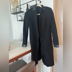 All Saints Black Longline Coat with Leather Detail